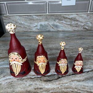 Hand-Painted Santa Clause Wooden Graduated Bells Set of 4 Folk Art Christmas